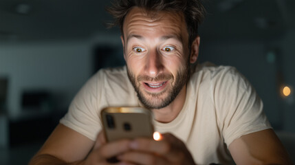 Astonished by the Screen: Captivating close-up of a man's face, reflecting astonishment and surprise as he gazes at his smartphone, the soft glow illuminating his features. 