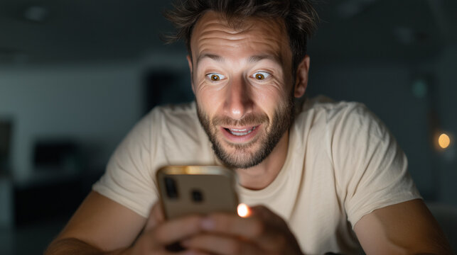 Astonished by the Screen: Captivating close-up of a man's face, reflecting astonishment and surprise as he gazes at his smartphone, the soft glow illuminating his features. 