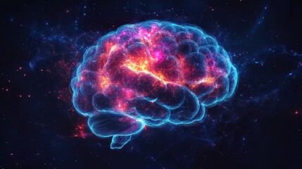 Obraz premium Conceptual visualization of human brain activity and neural networks with glowing digital connections and vibrant color gradients on black backdrop