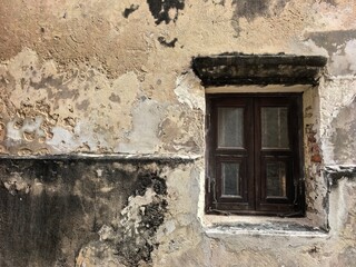 Old Wooden Window on Textured Wall, Bangkok
