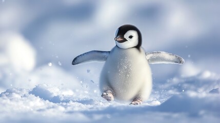 Naklejka premium A baby penguin waddling through the snow, tiny wings spread out, --ar 16:9 --v 6.1 Job ID: ae5b4fd6-be93-4c47-be6a-8b13564cdb21