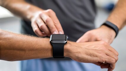 rehabilitation innovation technology tools, Two individuals adjusting a smartwatch on a person's wrist, showcasing technology and fitness tracking.