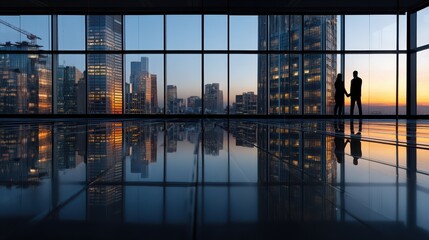 Silhouetted Figures in Office with City View and Floor Reflection