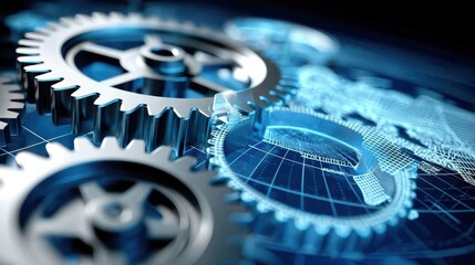 Silver Gears Overlaid on Blue Wireframe Grid and World Map