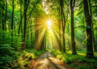 Obraz premium SunDappled Forest Path Lush Green Canopy Bathed in Golden Sunlight A Tranquil Escape Amidst Natures Embrace