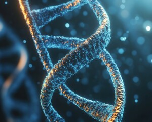 Cinematic 3D Render of DNA Structure with Blue and Golden Glowing Highlights and Bokeh Effect