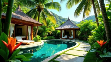 Fototapeta premium Tropical Paradise Retreat Luxurious Villas, Private Pool, Lush Landscaping, and Tranquil Atmosphere