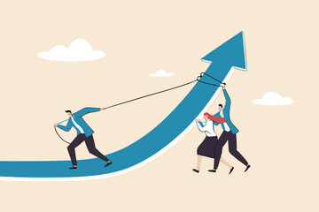 Growth hacking, effort to improve and grow business, teamwork or team help pushing company to success, career growth or growing company concept, business people team help pushing arrow rising up.