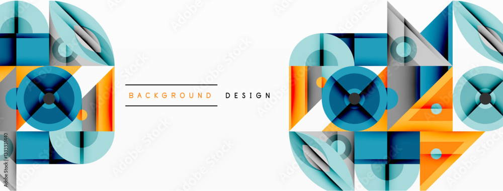 Poster Abstract geometric patterns dominate composition. Blue, orange, gray shapes intersect, creating dynamic visual effect. Clean lines, modern aesthetic. Minimalist design suitable backgrounds.