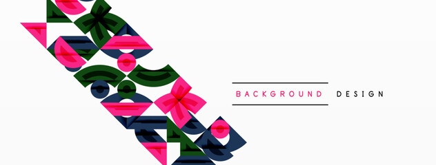 Obraz premium Abstract geometric shapes overlap, creating dynamic composition. Pink, green, blue hues dominate design. Minimalist style suits modern backgrounds, patterns.