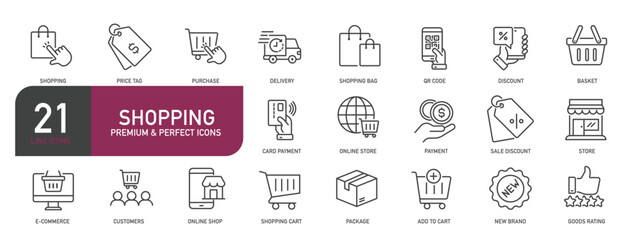 Set of line icons related to shopping, e-commerce, online shop. Outline icons collection. Editable stroke. Vector illustration