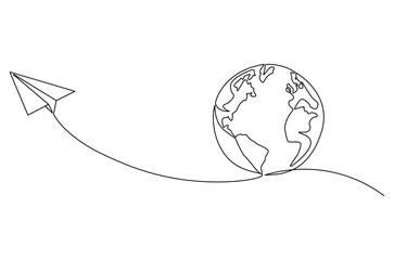 Continuous one line drawing of Globe earth with paper airplane. Single line drawing illustration of earth and papper plane. Start journey concept vector art. Doodle line illustration.