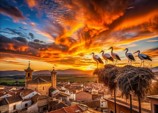 Panoramic Alfaro, La Rioja, Spain: Majestic Stork Silhouettes at Dawn, February 2024