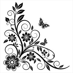 Elegant Black Floral Corner Ornament Silhouette