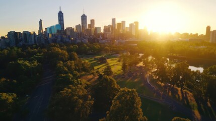 Obraz premium Aerial sunset view of city skyline over park