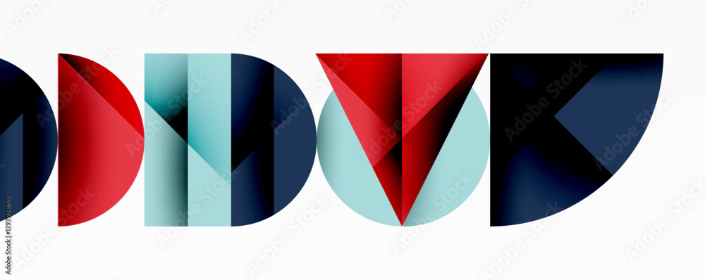 Poster abstract geometric shapes, vibrant colors. composition features overlapping triangles, semicircles, 