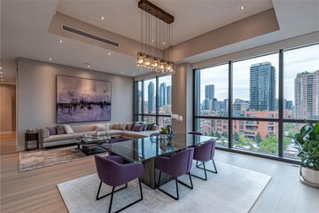 Fototapeta premium Modern glass and wood dining table with purple chairs, art on the wall, large cityscape window, chandelier, light grey walls, and walnut hardwood floor.