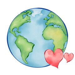 Watercolor earth illustration with outline and hearts for earth day or love earth campaign.