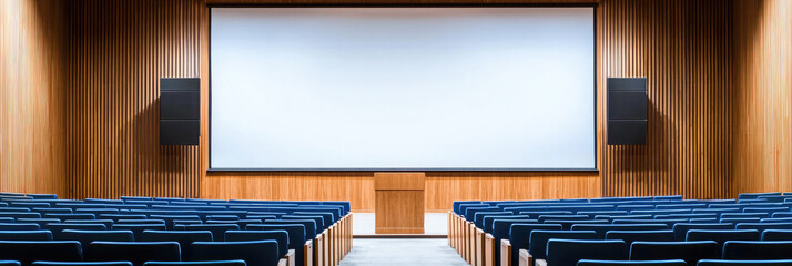 An empty auditorium awaits, poised for a captivating presentation or inspiring lecture, with rows of blue seats facing a large screen and wooden walls.