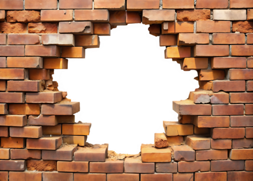 Brick Wall Breach: A compelling close-up of a brick wall pierced by a circular opening, revealing a glimpse beyond. Evoking themes of breaking barriers, revealing what lies ahead.