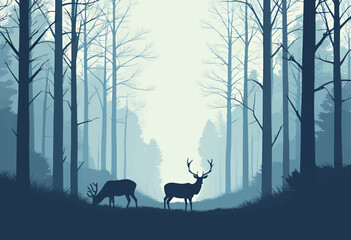 Blue Forest Silhouette with Two Deer Grazing