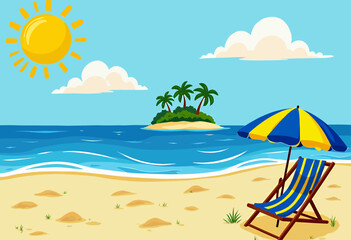 Cartoon beach scene with island, sun, and chair