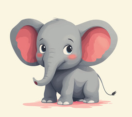 Naklejka premium Cartoon Baby Elephant with Big Eyes and Pink Ears