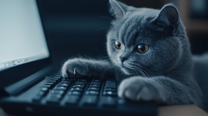 Cute gray cat typing on a laptop keyboard in a cozy indoor setting, humorous pet technology concept