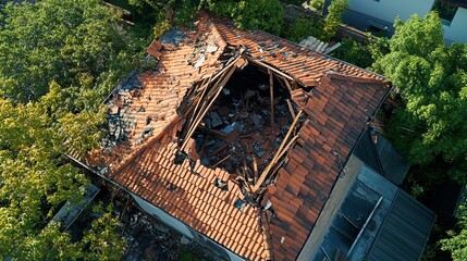 Aerial View Damaged House Roof Severe Storm Damage Extensive Roof Destruction Red Tile Roof Home Disaster Insurance Claim Property Damage Urgent      