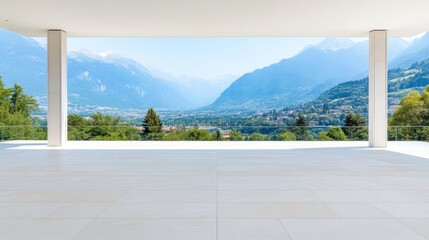 Open-air patio overlooking a serene mountain valley.  Spacious, modern, and minimalist design with large pillars supporting a vast open area.  Tranquil mountain views through the patio