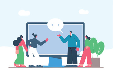 Online consultant, manager giving advice on remote work, online conference or communicate with team via internet concept, businessman manager giving advice from computer monitor to team members.