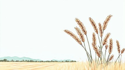 Golden Wheat Field with Blue Mountains under a Soft Sky