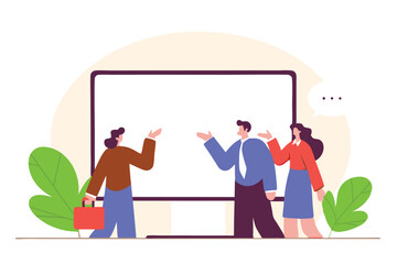 Online consultant, manager giving advice on remote work, online conference or communicate with team via internet concept, businessman manager giving advice from computer monitor to team members.