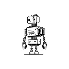 Stylized monochromatic depiction of a whimsical vintage mechanical humanoid robot
