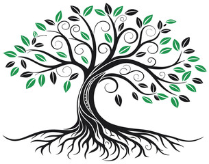 Obraz premium Elegant Tree of Life Design – Nature-Inspired Art, Whimsical Roots and Leaves Illustration, Perfect for Tattoos, Logos, and Decor