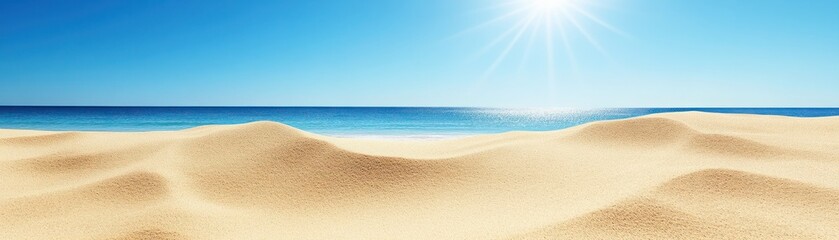 Obraz premium Bright Sunny Beach Scene with Soft Sandy Dunes and Calm Ocean Waves under Clear Blue Sky and Radiant Sun Providing a Perfect Summer Vibe