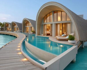 Fototapeta premium A luxurious overwater villa resort featuring modern architecture, serene waters, and private terraces, ideal for relaxation and escape.