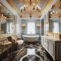 Glamorous bathroom with marble tiles a freestanding tub and a cr