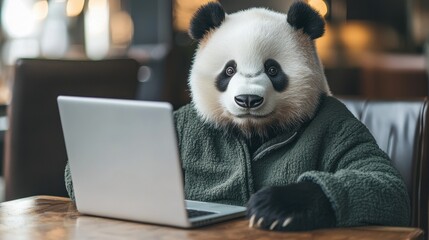 Cozy Panda Working on Laptop in a Modern Cafe Setting with Warm Lighting and Soft Furniture