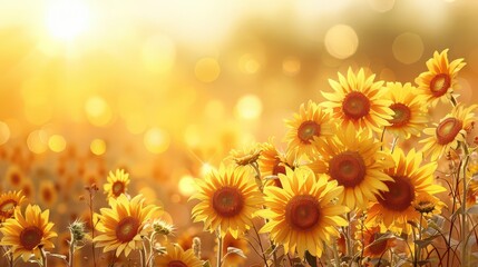 Fototapeta premium A vibrant field of sunflowers glowing in golden sunlight, creating a warm and cheerful atmosphere.