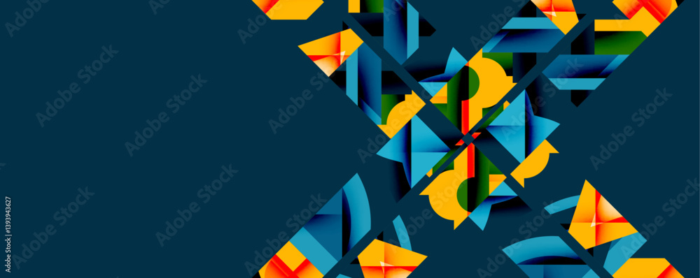 Poster Abstract geometric pattern dominates right side. Vivid colorsyellow, blue, orangecreate dynamic visual texture against dark teal background. Modern design element.