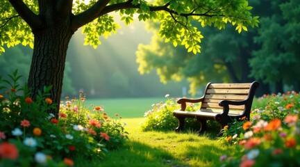 Naklejka premium Serene park bench nestled amongst vibrant blooming flowers under the shade of a majestic tree bathed in the golden light of dawn