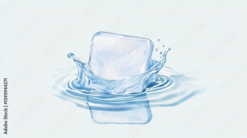Aufkleber ice cube splashing in water with ripples and droplets in background