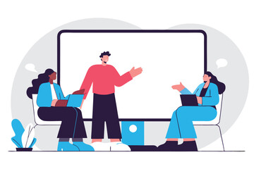 Online consultant, manager giving advice on remote work, online conference or communicate with team via internet concept, businessman manager giving advice from computer monitor to team members.