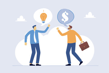 Venture capital, project pitching for funding or VC investment, selling idea for money or angel investment for startup project concept, young entrepreneur pitching idea to raise venture capital fund.