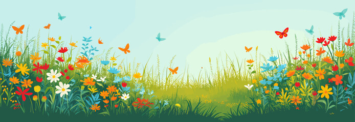 Vibrant Floral Meadow with Butterflies Illustration