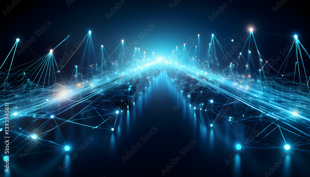 Poster Abstract digital landscape featuring glowing blue lines and connections, creating a futuristic network effect