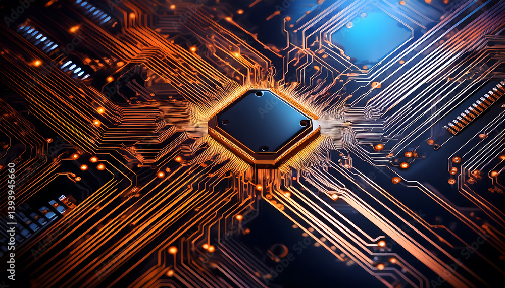 Poster Close-up view of a complex circuit board highlighting intricate pathways and connections in electronic technology