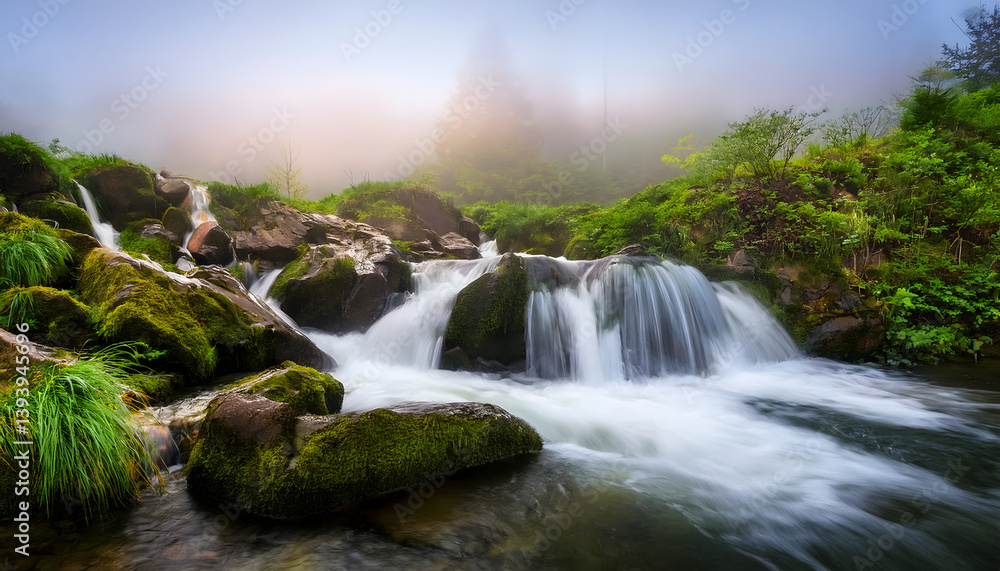 Poster a tranquil waterfall flows through lush greenery in a misty landscape, creating a serene and picture