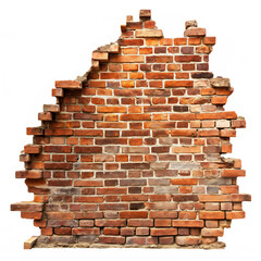 Old Red Brick Wall with Large Damaged Hole Isolated on White Background